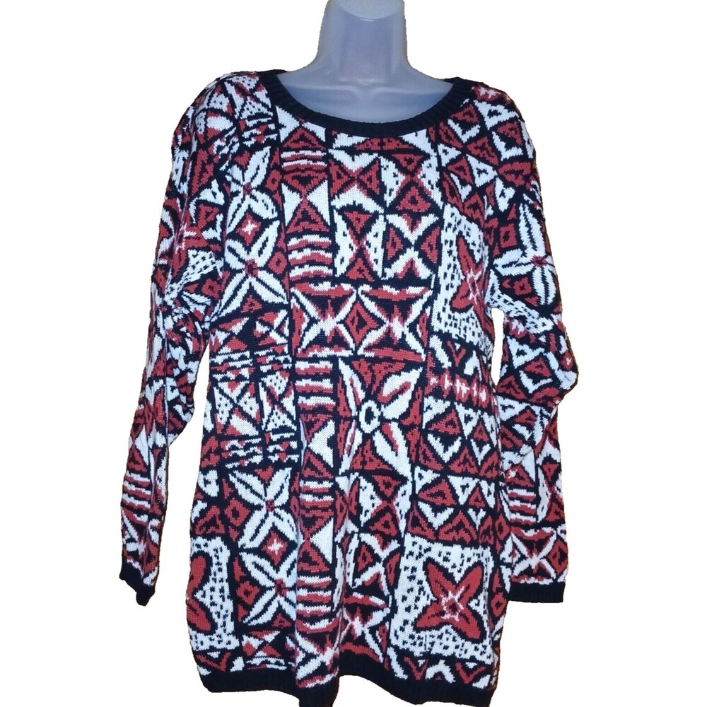 Vtg Delia McKain Sweater Womens M Pullover Red Black Abstract Shoulder Pads USA